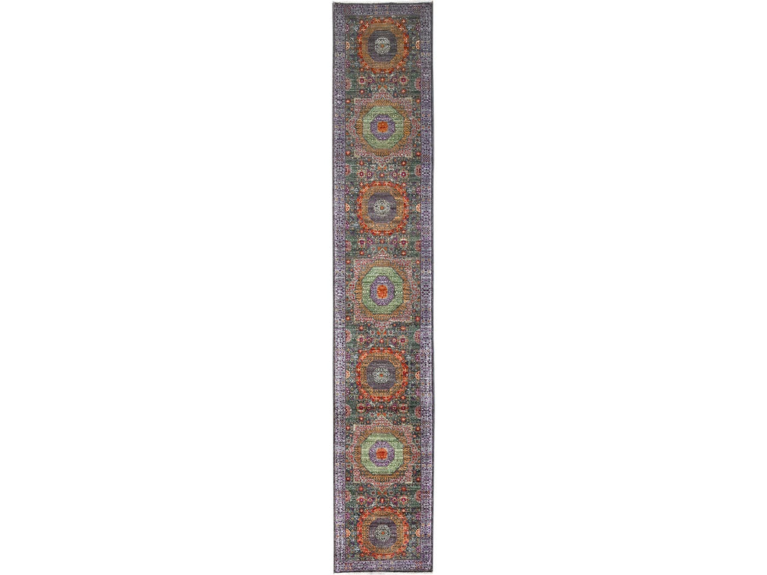 2'5" x 13'10" New Hand Knotted Green Wool Runner Oriental Rug - MOA10286757