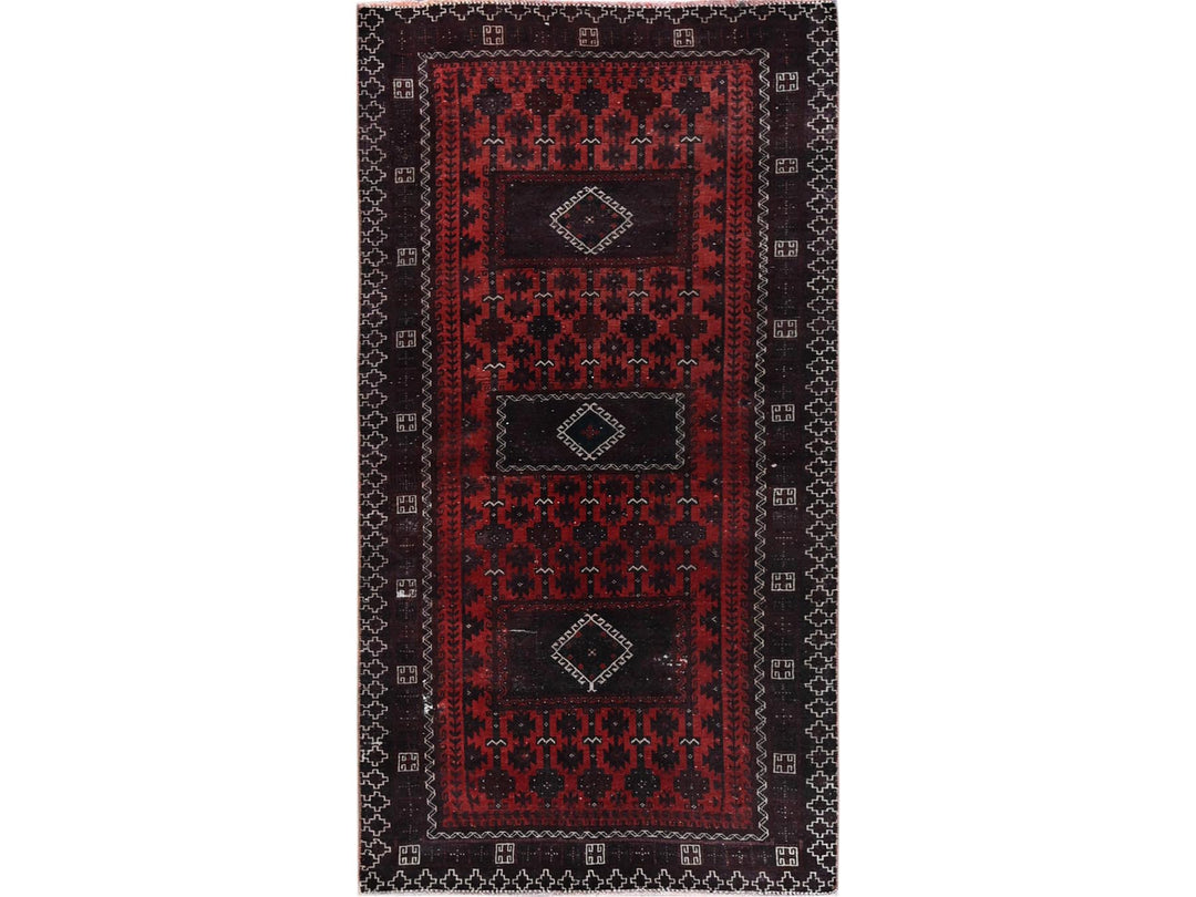 3'5" x 1'6" Vintage Hand Knotted Red Wool Runner Oriental Rug - MOA102867