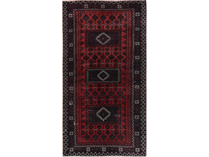 3'5" x 1'6" Vintage Hand Knotted Red Wool Runner Oriental Rug - MOA102867