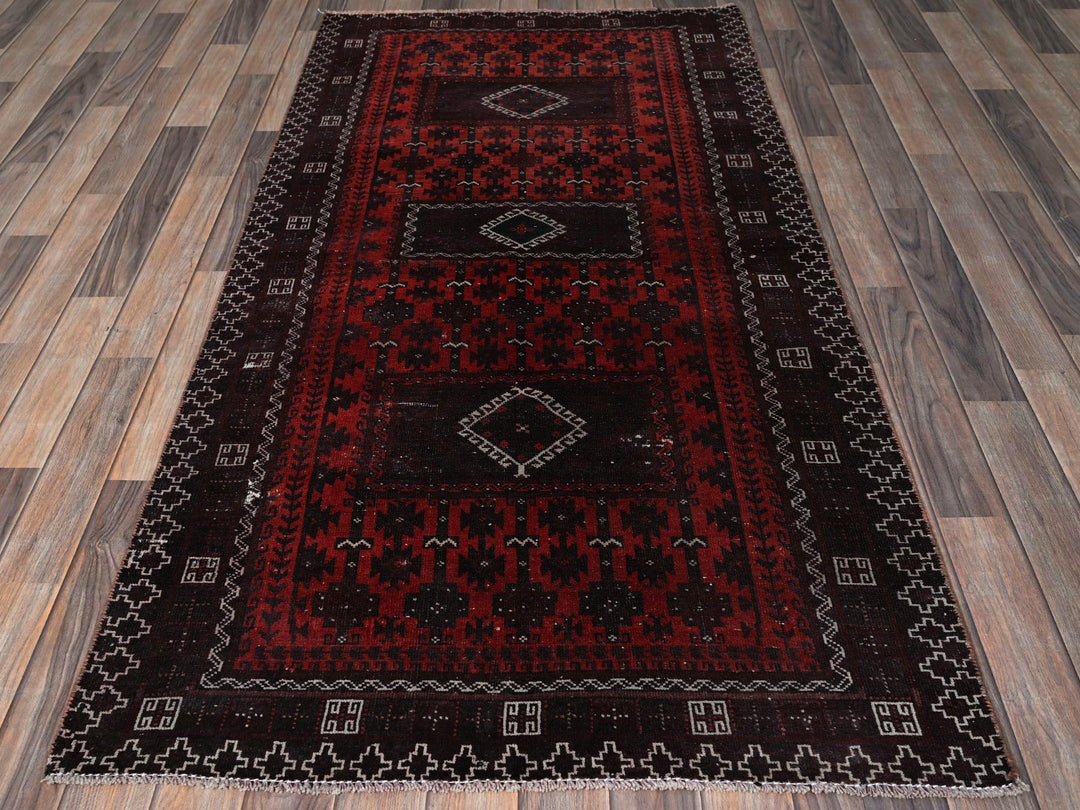 3'5" x 1'6" Vintage Hand Knotted Red Wool Runner Oriental Rug - MOA102867