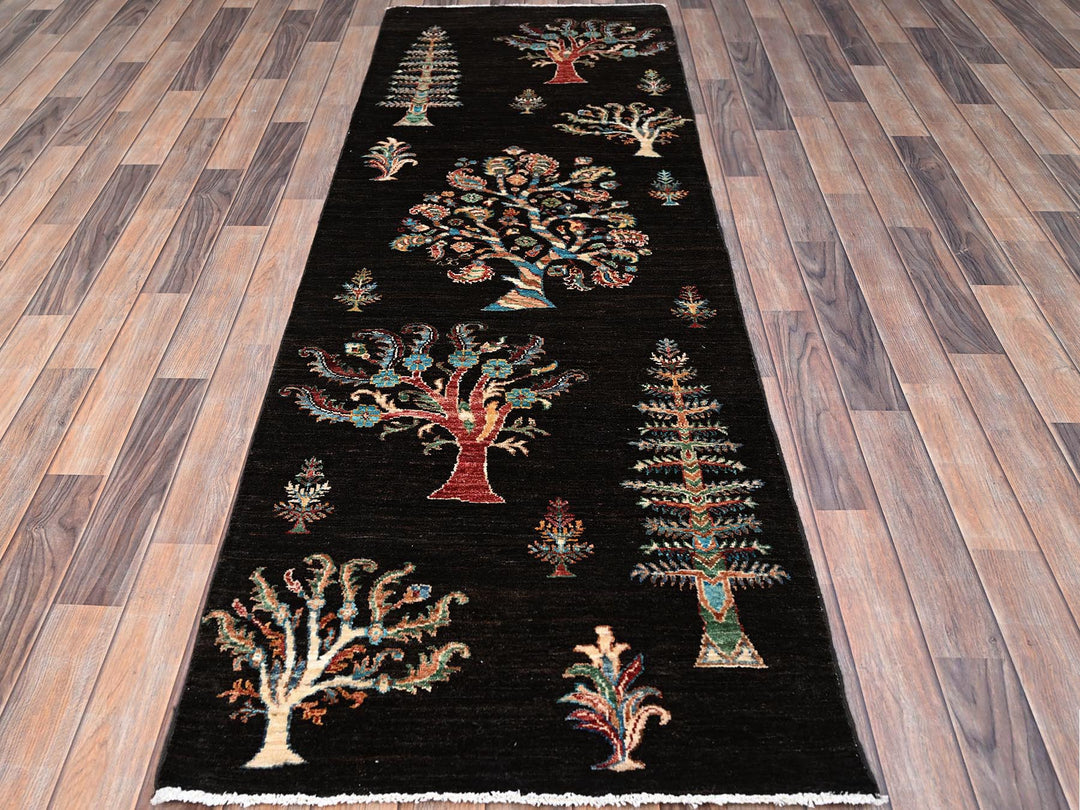 2'7" x 8'0" New Hand Knotted Black Wool Runner Oriental Rug - MOA10286898