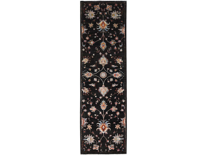 2'5" x 8'3" New Hand Knotted Black Wool Runner Oriental Rug - MOA10286901