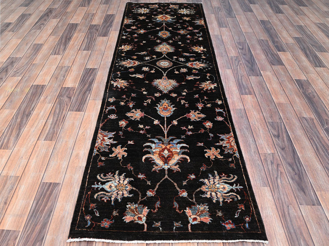2'5" x 8'3" New Hand Knotted Black Wool Runner Oriental Rug - MOA10286901