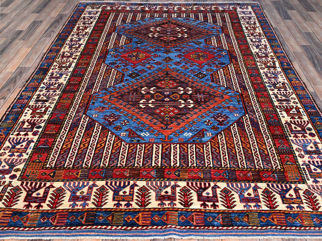 6'3" x 8'5" New Hand Knotted Blue Wool Rectangle Oriental Rug - MOA10286978