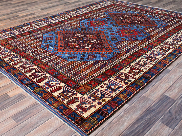 6'3" x 8'5" New Hand Knotted Blue Wool Rectangle Oriental Rug - MOA10286978