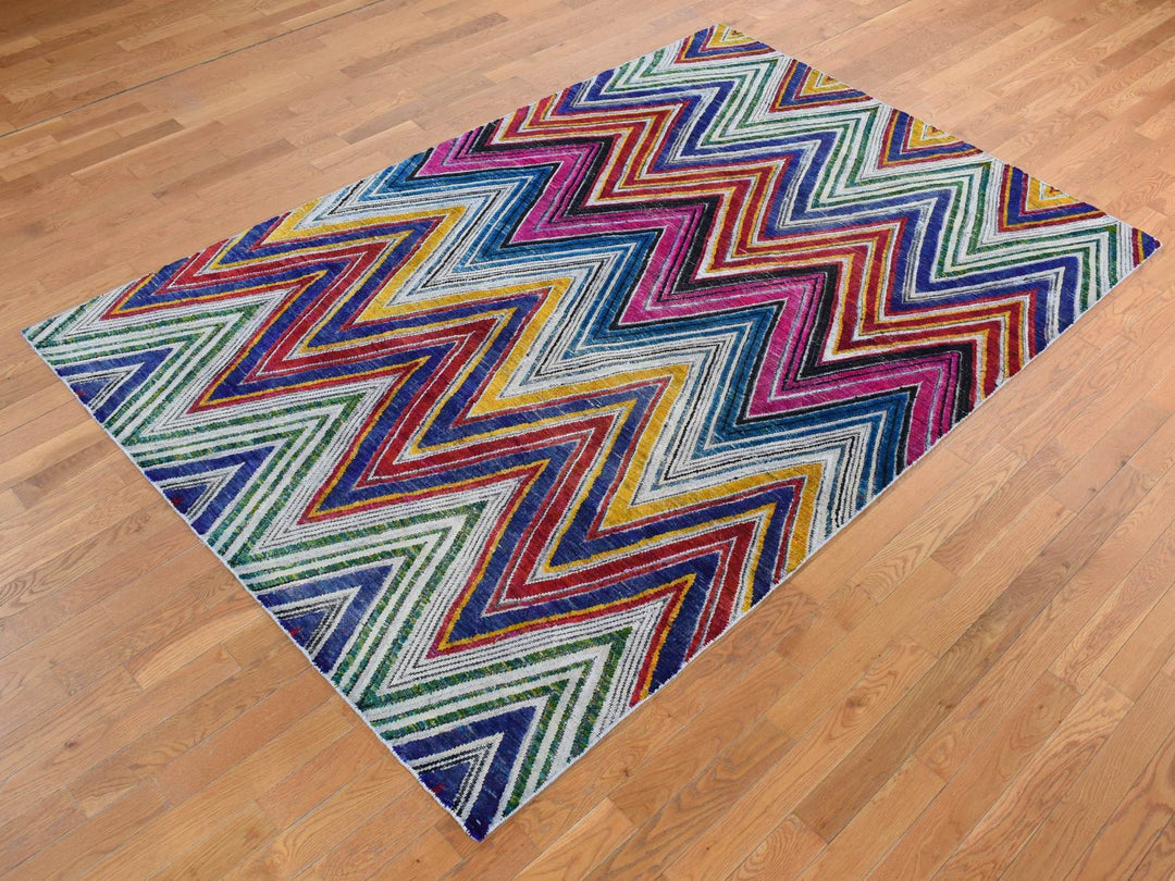 6'0" x 9'0" New Hand Knotted Pink Wool & Silk Rectangle Oriental Rug - MOA10287005