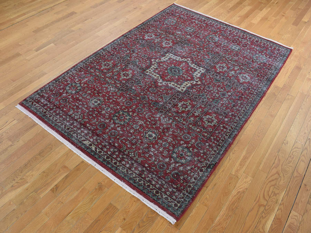 6'1" x 9'0" New Hand Knotted Red Worn Wool Rectangle Oriental Rug - MOA10287012