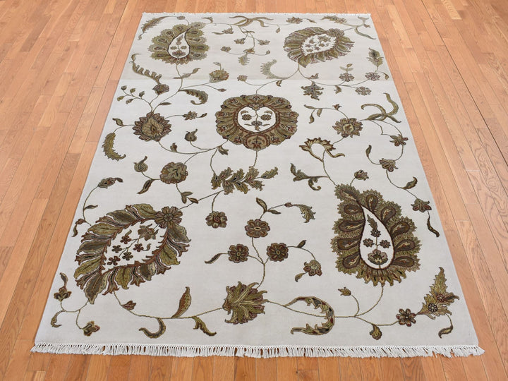 6'0" x 9'2" New Hand Knotted Grey Wool & Silk Rectangle Oriental Rug - MOA10287017