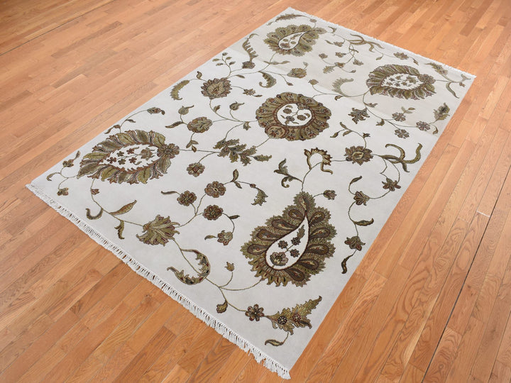 6'0" x 9'2" New Hand Knotted Grey Wool & Silk Rectangle Oriental Rug - MOA10287017