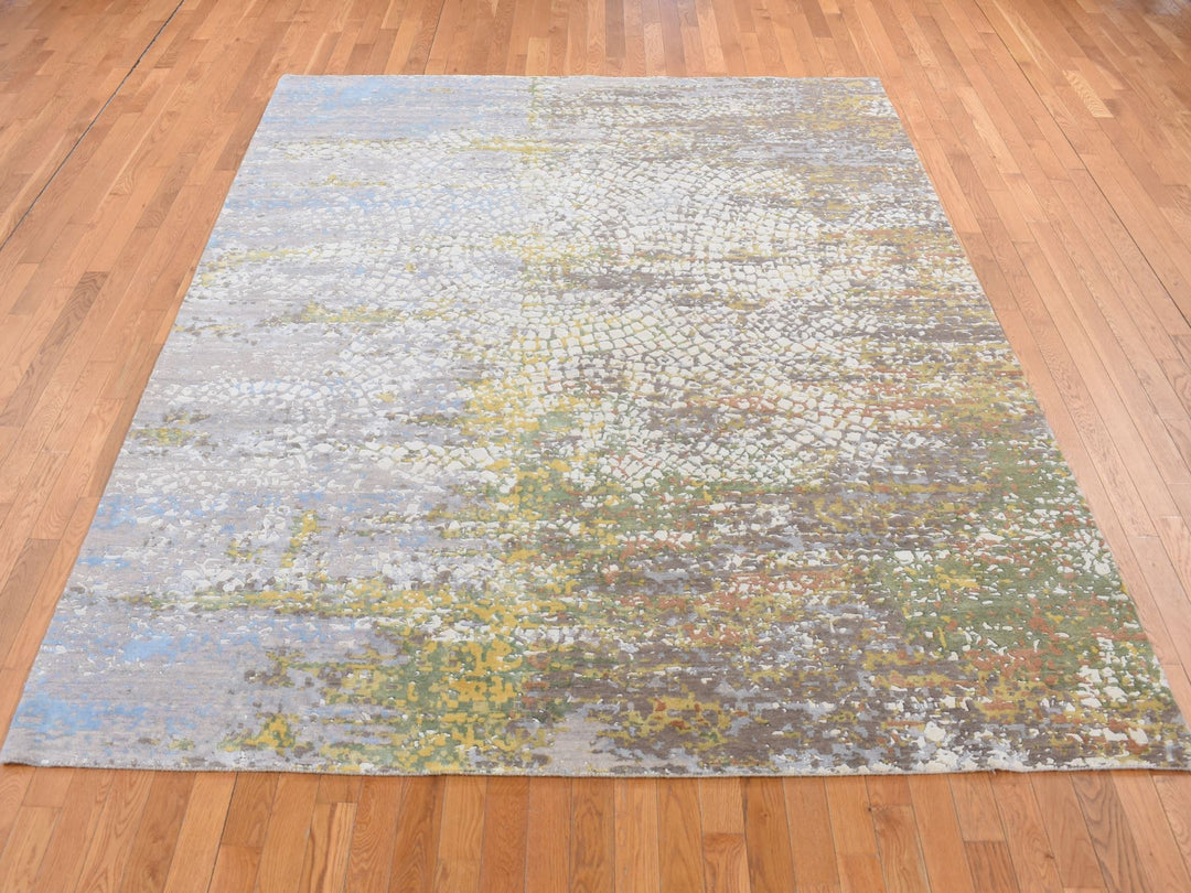 8'1" x 10'1" New Hand Knotted Ivory Wool & Silk Rectangle Oriental Rug - MOA10287047