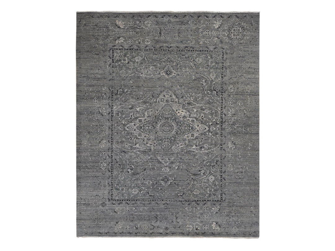 8'3" x 10'1" New Hand Knotted Grey Wool & Silk Rectangle Oriental Rug - MOA10287055