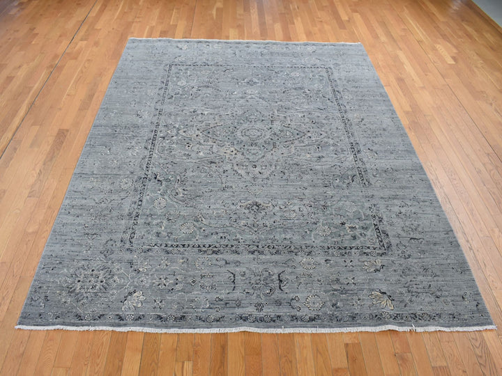 8'3" x 10'1" New Hand Knotted Grey Wool & Silk Rectangle Oriental Rug - MOA10287055