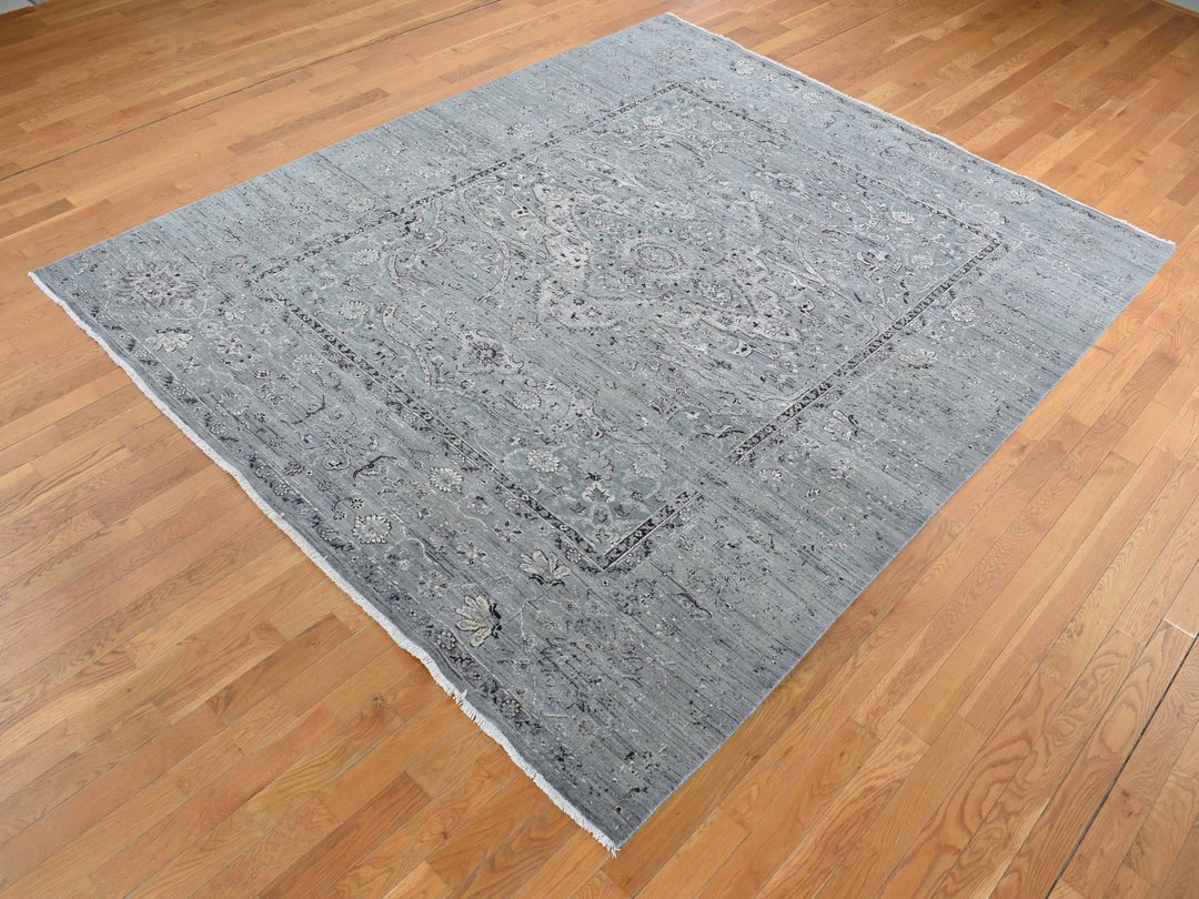 8'3" x 10'1" New Hand Knotted Grey Wool & Silk Rectangle Oriental Rug - MOA10287055