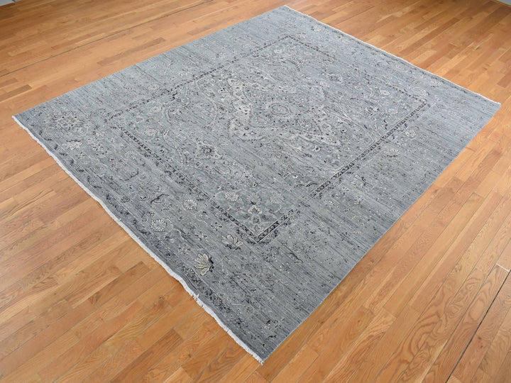 8'3" x 10'1" New Hand Knotted Grey Wool & Silk Rectangle Oriental Rug - MOA10287055