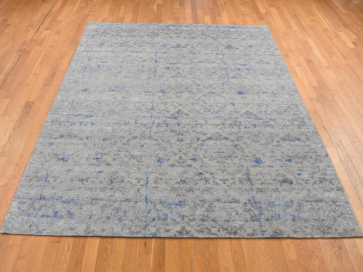 7'10" x 10'2" New Hand Knotted Grey Wool & Silk Rectangle Oriental Rug - MOA10287060
