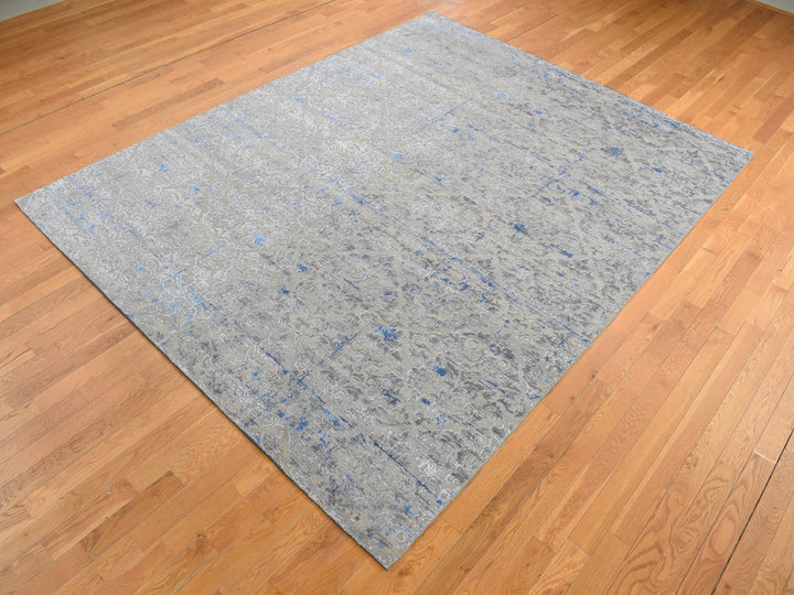 7'10" x 10'2" New Hand Knotted Grey Wool & Silk Rectangle Oriental Rug - MOA10287060