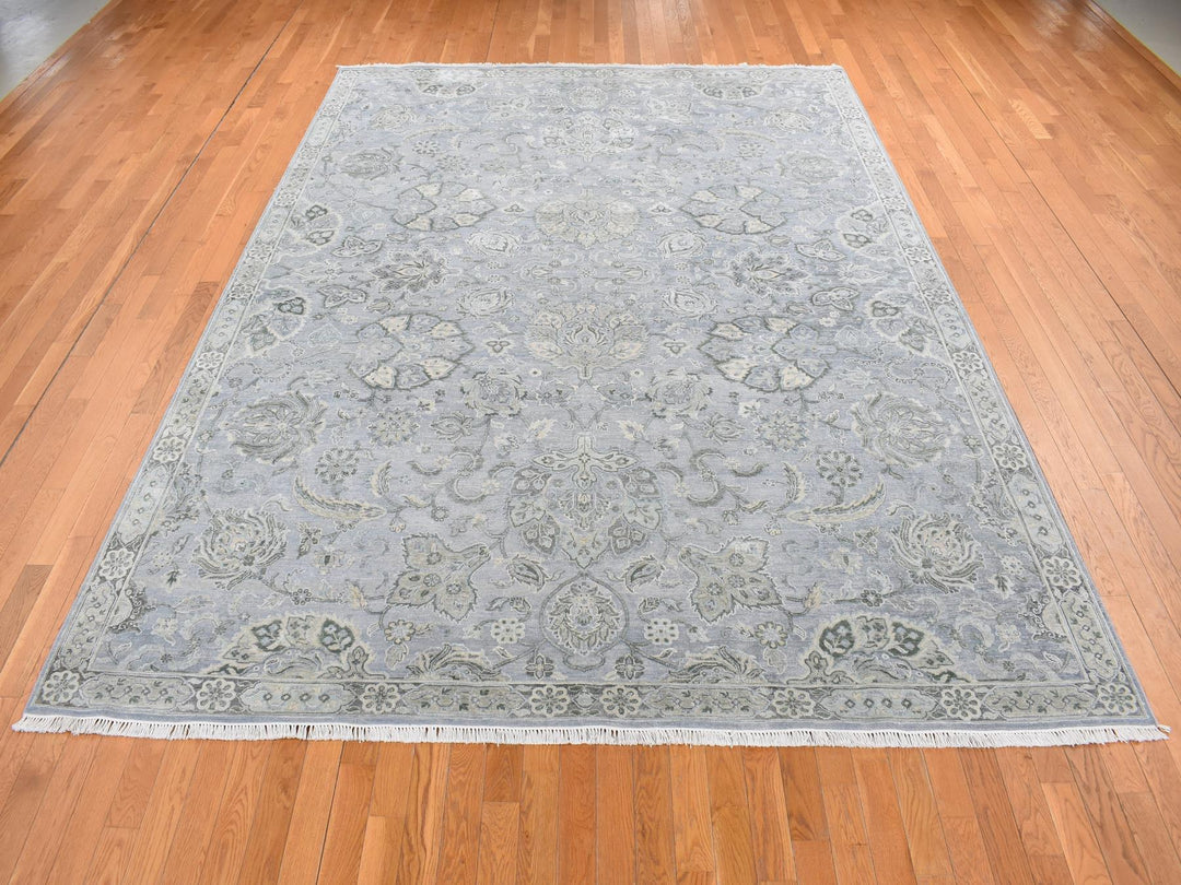 9'0" x 12'0" New Hand Knotted Grey Wool & Silk Rectangle Oriental Rug - MOA10287065