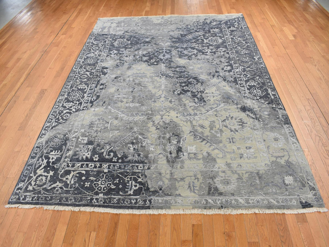 9'0" x 11'10" New Hand Knotted Grey Wool & Silk Rectangle Oriental Rug - MOA10287068