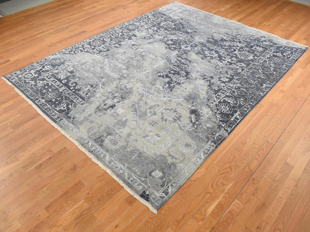 9'0" x 11'10" New Hand Knotted Grey Wool & Silk Rectangle Oriental Rug - MOA10287068