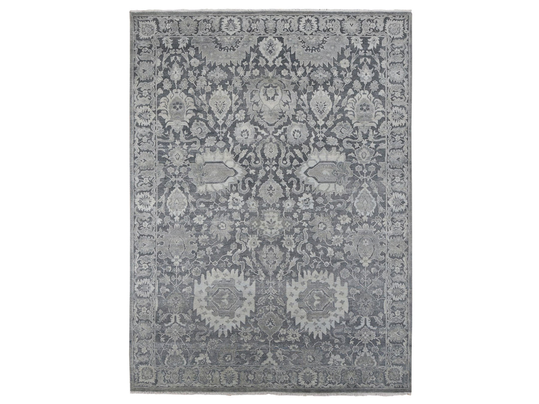 9'0" x 12'4" New Hand Knotted Grey Wool & Silk Rectangle Oriental Rug - MOA10287070