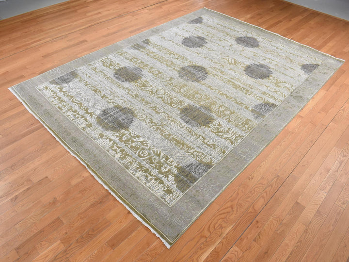 8'9" x 12'1" New Hand Knotted Green Wool & Silk Rectangle Oriental Rug - MOA10287071