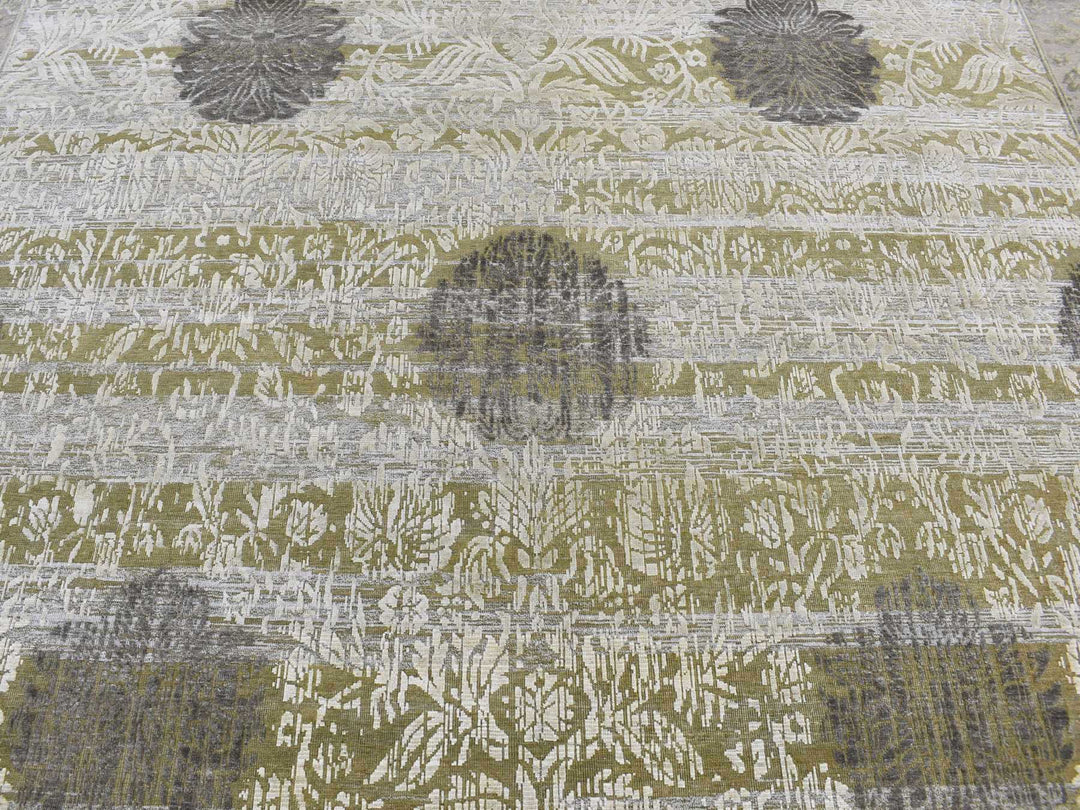 8'9" x 12'1" New Hand Knotted Green Wool & Silk Rectangle Oriental Rug - MOA10287071