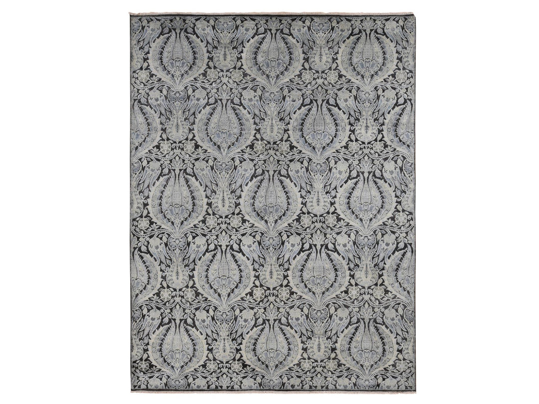 9'0" x 12'2" New Hand Knotted Grey Wool & Silk Rectangle Oriental Rug - MOA10287072