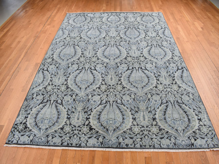 9'0" x 12'2" New Hand Knotted Grey Wool & Silk Rectangle Oriental Rug - MOA10287072