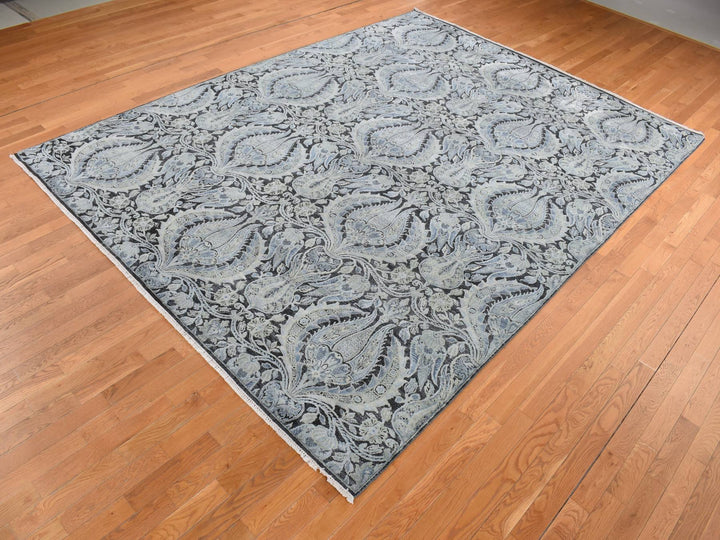 9'0" x 12'2" New Hand Knotted Grey Wool & Silk Rectangle Oriental Rug - MOA10287072
