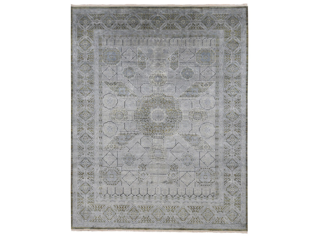 9'0" x 11'7" New Hand Knotted Grey Wool & Silk Rectangle Oriental Rug - MOA10287075