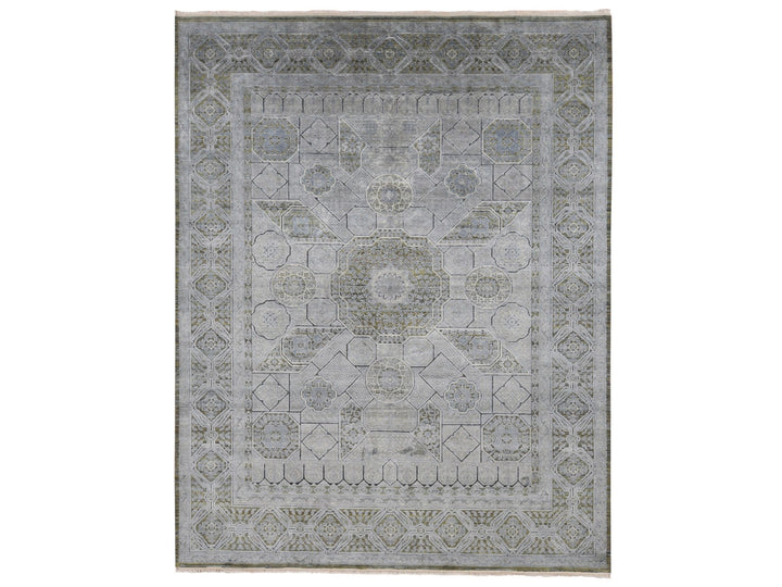 9'0" x 11'7" New Hand Knotted Grey Wool & Silk Rectangle Oriental Rug - MOA10287075