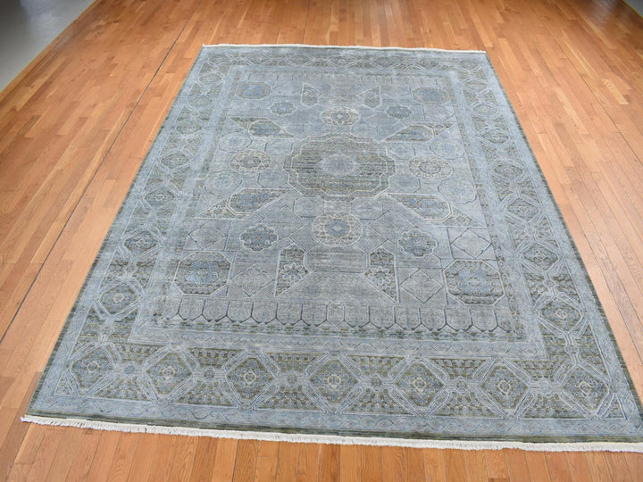 9'0" x 11'7" New Hand Knotted Grey Wool & Silk Rectangle Oriental Rug - MOA10287075