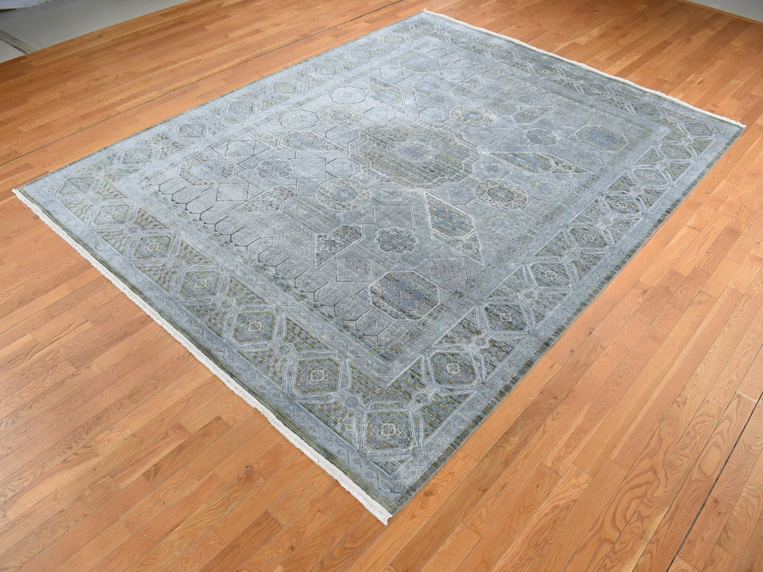 9'0" x 11'7" New Hand Knotted Grey Wool & Silk Rectangle Oriental Rug - MOA10287075