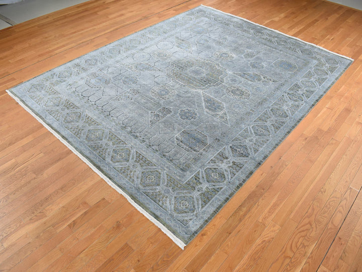 9'0" x 11'7" New Hand Knotted Grey Wool & Silk Rectangle Oriental Rug - MOA10287075