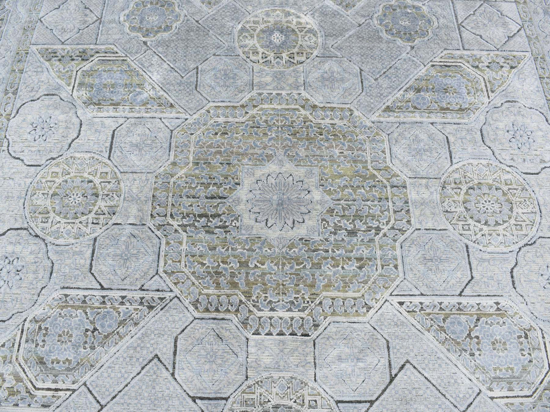 9'0" x 11'7" New Hand Knotted Grey Wool & Silk Rectangle Oriental Rug - MOA10287075