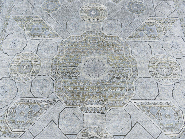 9'0" x 11'7" New Hand Knotted Grey Wool & Silk Rectangle Oriental Rug - MOA10287075