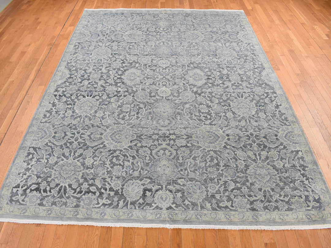 9'0" x 11'8" New Hand Knotted Grey Wool & Silk Rectangle Oriental Rug - MOA10287076