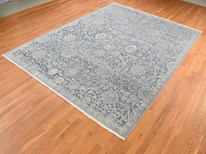 9'0" x 11'8" New Hand Knotted Grey Wool & Silk Rectangle Oriental Rug - MOA10287076