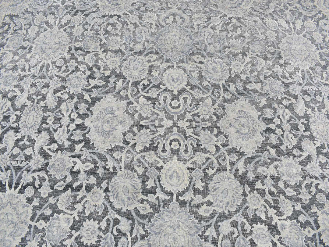9'0" x 11'8" New Hand Knotted Grey Wool & Silk Rectangle Oriental Rug - MOA10287076