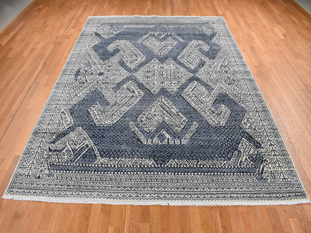 9'0" x 12'3" New Hand Knotted Ivory Wool & Silk Rectangle Oriental Rug - MOA10287079