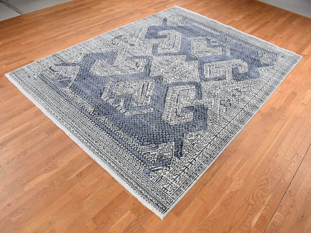 9'0" x 12'3" New Hand Knotted Ivory Wool & Silk Rectangle Oriental Rug - MOA10287079