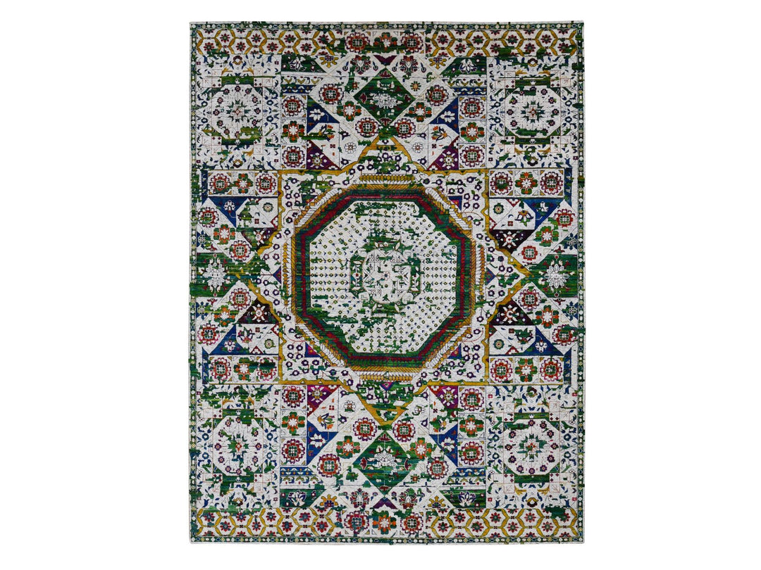 9'0" x 12'1" New Hand Knotted Ivory Wool & Sari Silk Rectangle Oriental Rug - MOA10287080