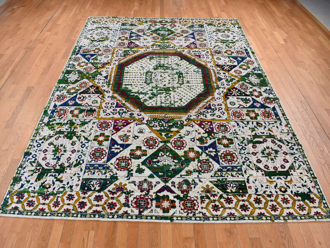 9'0" x 12'1" New Hand Knotted Ivory Wool & Sari Silk Rectangle Oriental Rug - MOA10287080