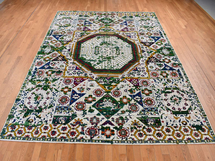 9'0" x 12'1" New Hand Knotted Ivory Wool & Sari Silk Rectangle Oriental Rug - MOA10287080