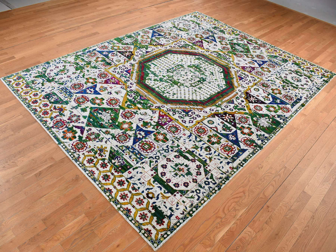 9'0" x 12'1" New Hand Knotted Ivory Wool & Sari Silk Rectangle Oriental Rug - MOA10287080