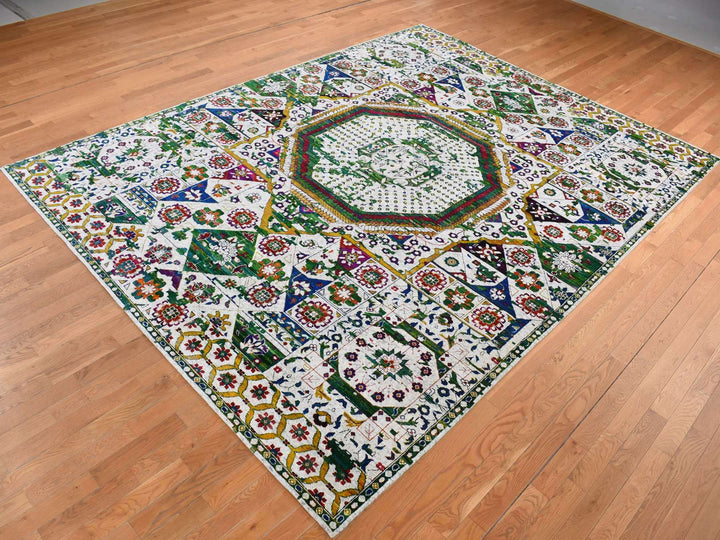 9'0" x 12'1" New Hand Knotted Ivory Wool & Sari Silk Rectangle Oriental Rug - MOA10287080