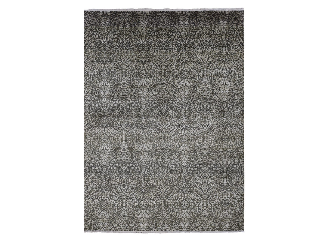 8'8" x 12'3" New Hand Knotted Grey Wool & Silk Rectangle Oriental Rug - MOA10287081