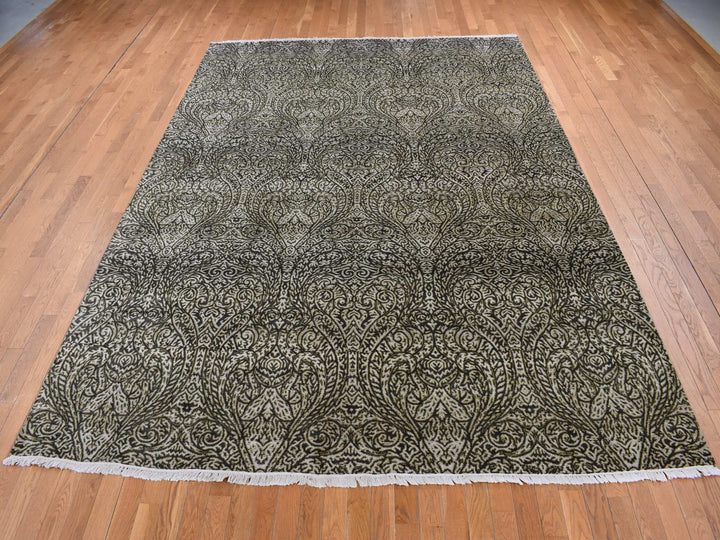 8'8" x 12'3" New Hand Knotted Grey Wool & Silk Rectangle Oriental Rug - MOA10287081