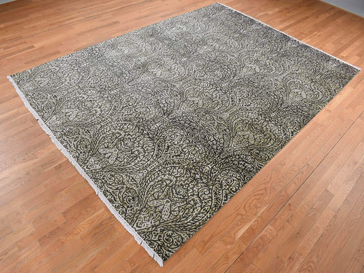 8'8" x 12'3" New Hand Knotted Grey Wool & Silk Rectangle Oriental Rug - MOA10287081