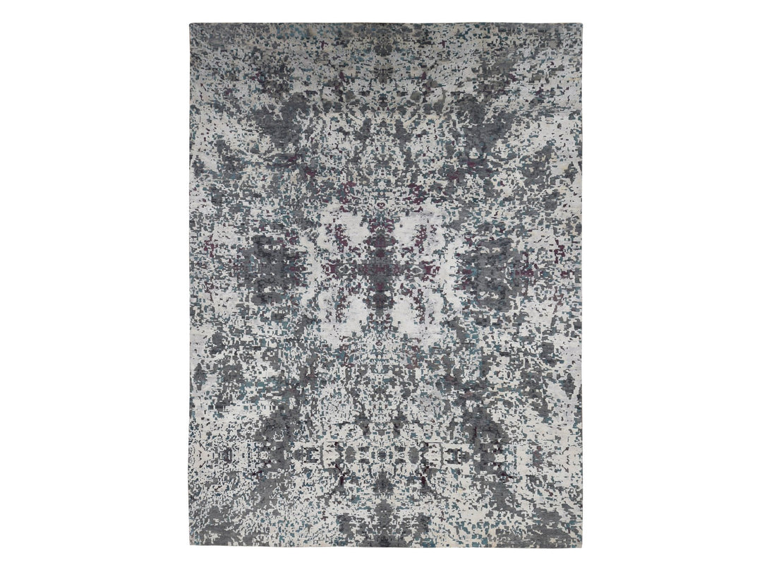 9'10" x 13'7" New Hand Knotted Grey Wool & Silk Rectangle Oriental Rug - MOA10287086